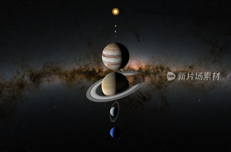 我们太阳系的行星-水星，金星，地球，火星，木星，土星，天王星和海王星- 3d插图，正面视图